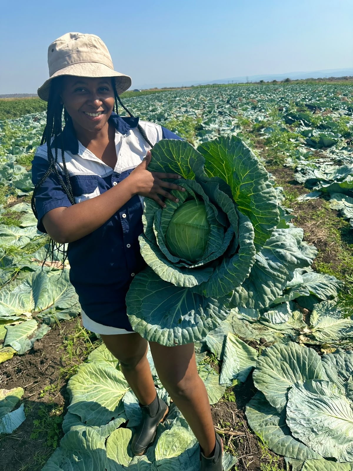 INSELE founder holding a freshly harvested cabbage from the farm in KwaZulu-Natal